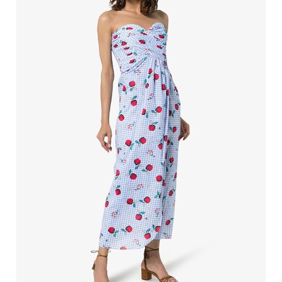 Rebecca De Ravenel Apple Blue Gingham Print Strapless Maxi Dress Cherry Fruit 4 - Picture 1 of 15